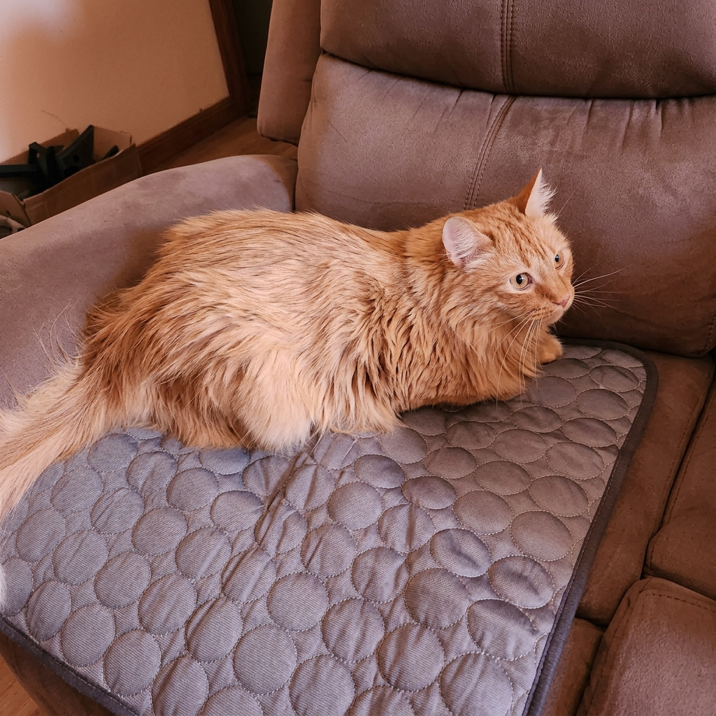 Gato naranja sobre la alfombra refrescante en el sillón