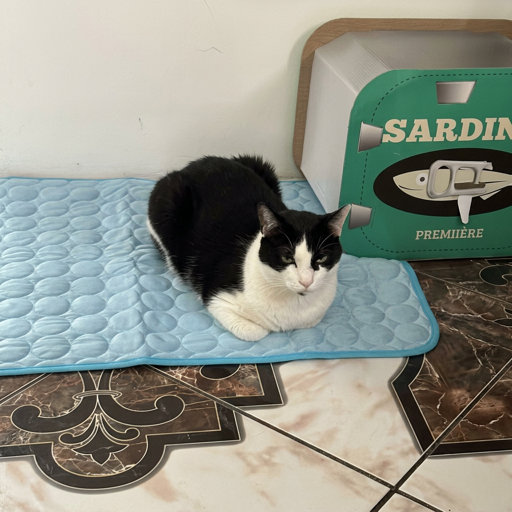 Gato blanco y negro sobre la alfombra refrescante