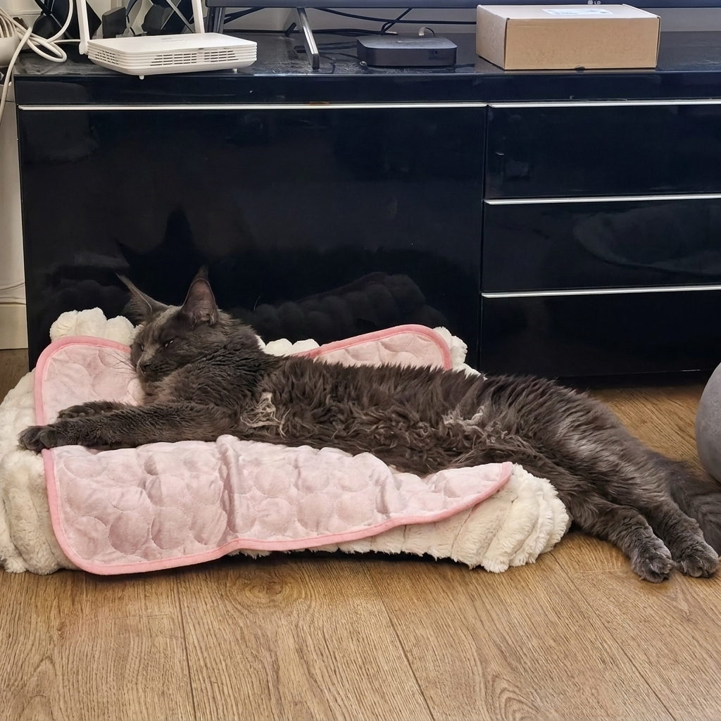 Gato grande de pelo largo sobre la alfombra refrescante