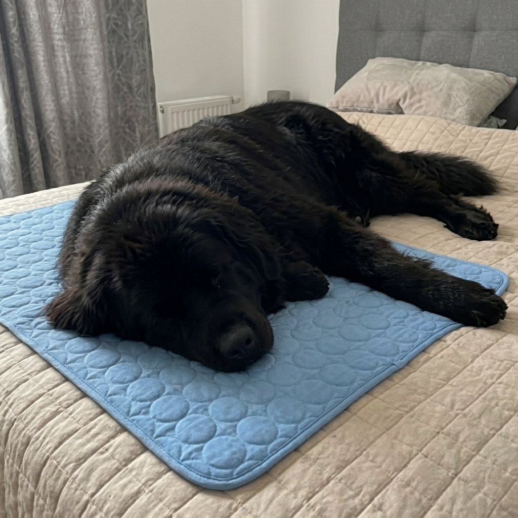 Perro grande descansando sobre la alfombra refrescante