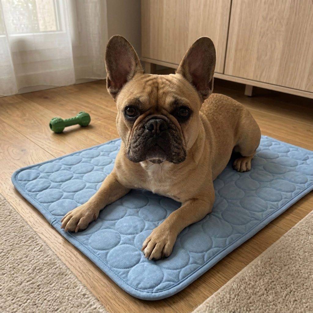 Bulldog francés sobre la alfombra refrescante