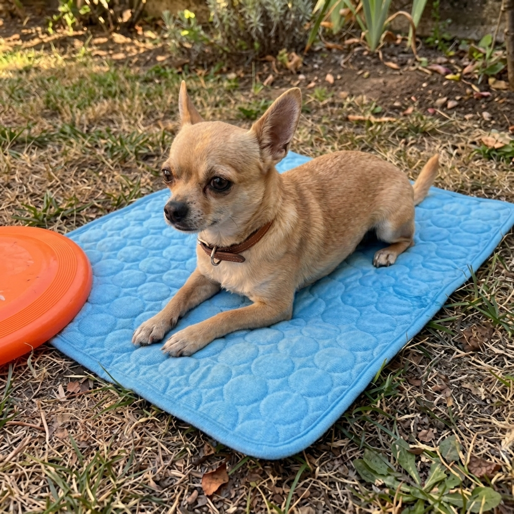 Chihuahua sobre la alfombra refrescante en el jardín