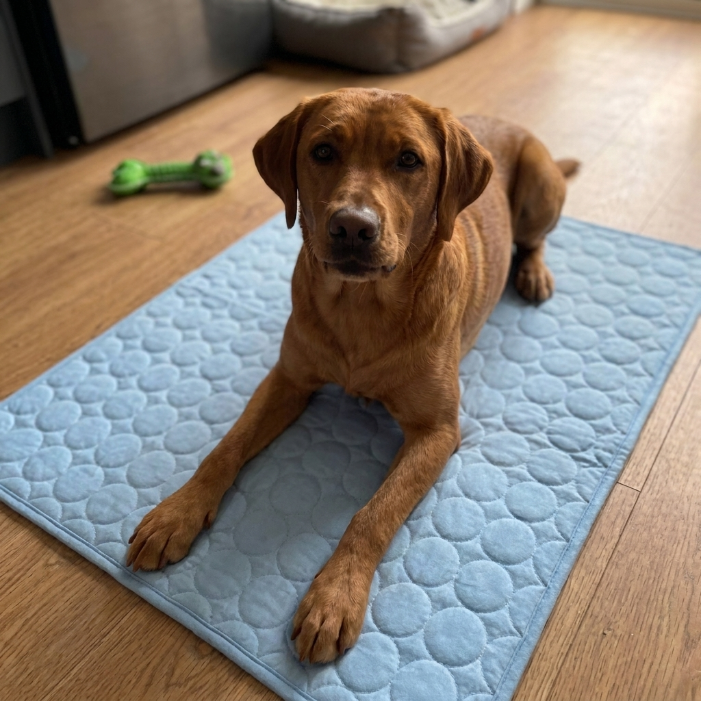 Labrador sobre la alfombra refrescante en la cocina