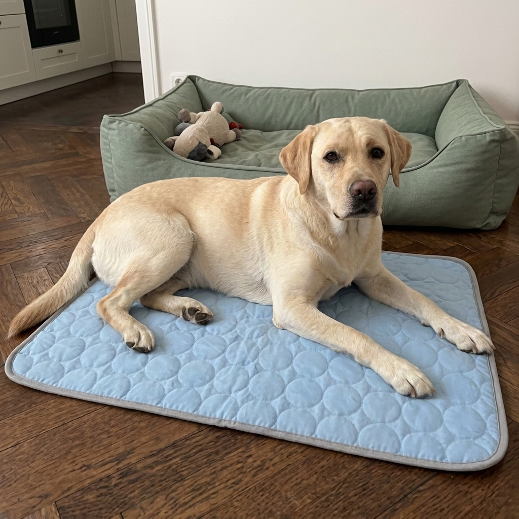 Labrador claro sobre la alfombra refrescante junto a su cama